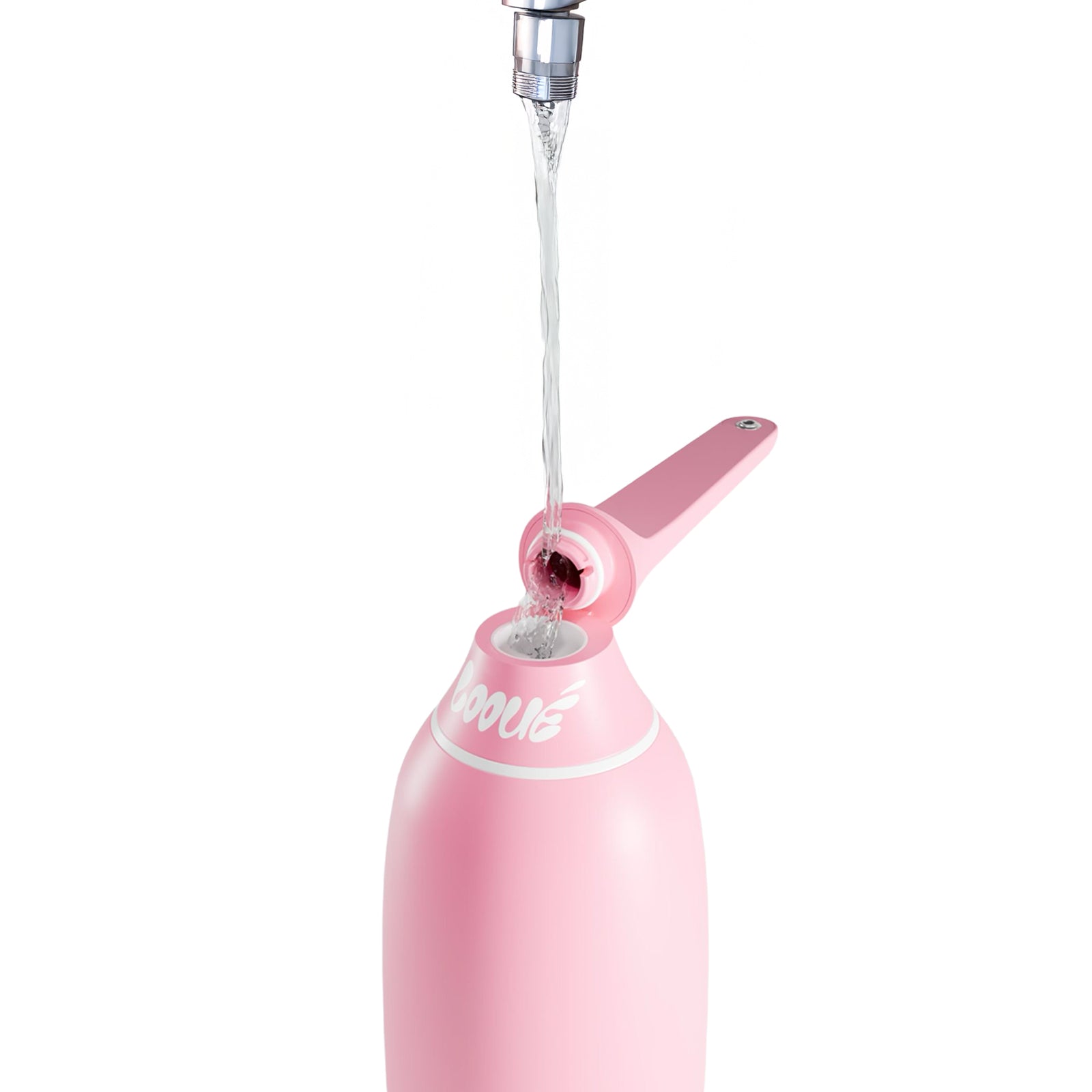 Pink peri bottle with water being dispensed on a white background