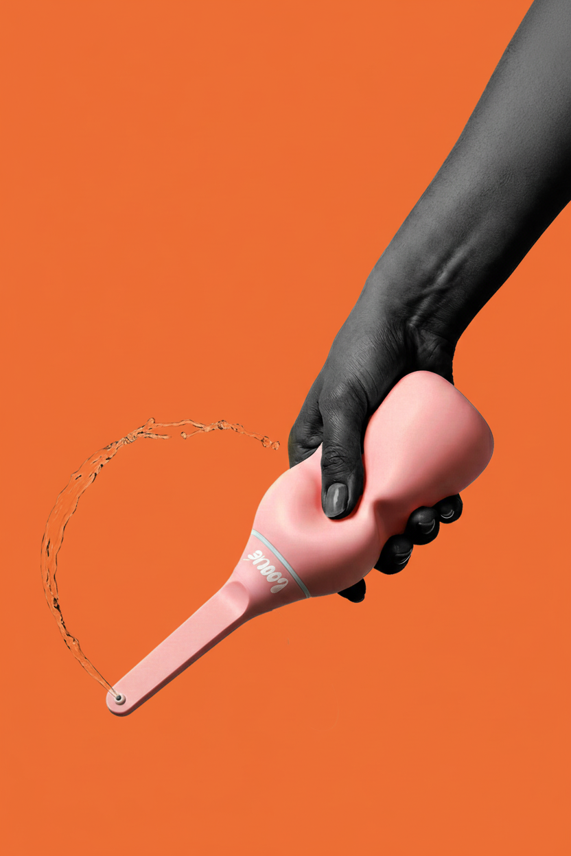 Pink handheld showerhead with powerful water flow on orange background